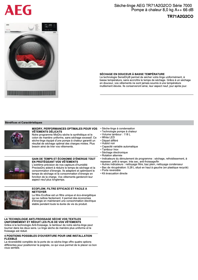 Página 1 del manual Ficha técnica AEG TR71A2G2CO