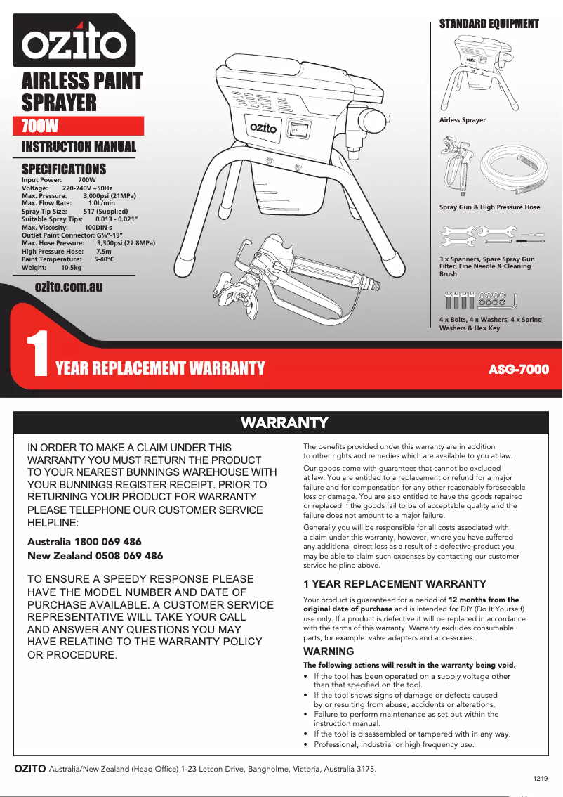 Page 1 de la notice Manuel utilisateur Ozito ASG-7000