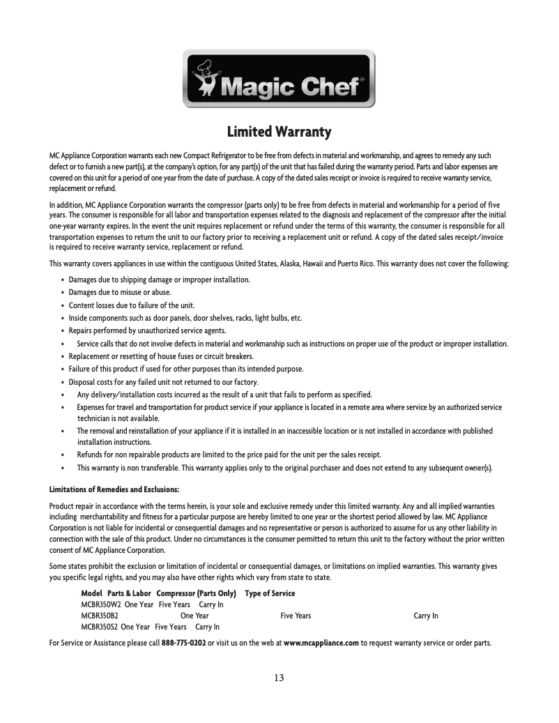 Page 1 de la notice Informations de garantie Magic Chef MCBR350B2