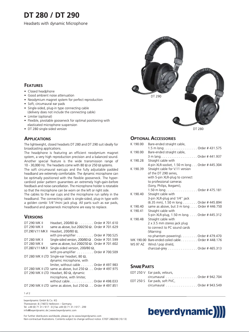 Page 1 de la notice Fiche technique Beyerdynamic DT 290 MK II