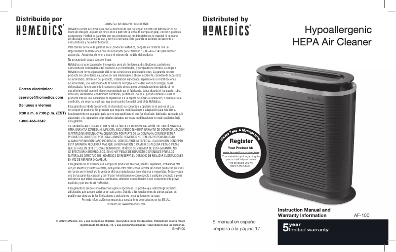 Página 1 del manual Manual de usuario Homedics AF-100