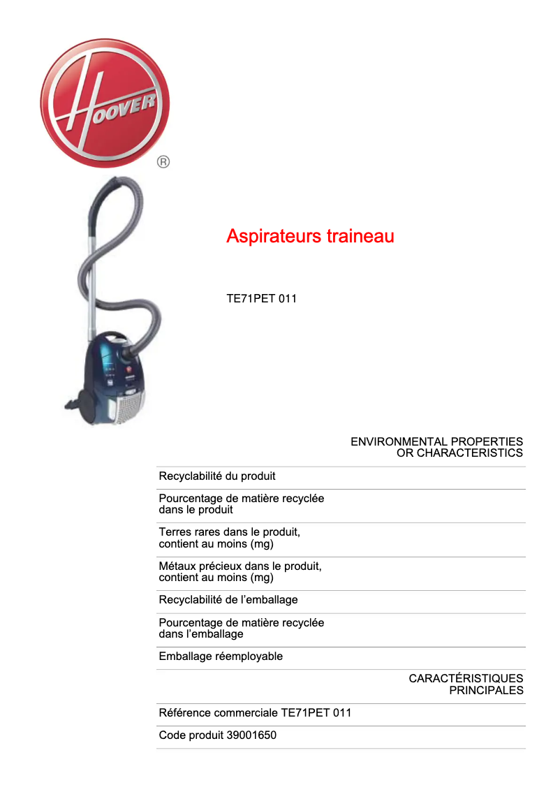 Page 1 de la notice Fiche technique Hoover Telios Plus TE71PET 011
