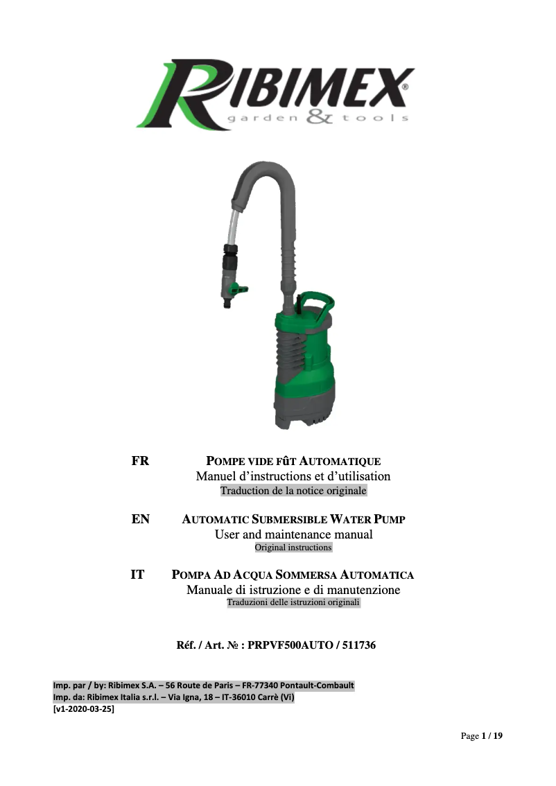 Page 1 de la notice Manuel utilisateur Ribimex PRPVF500AUTO