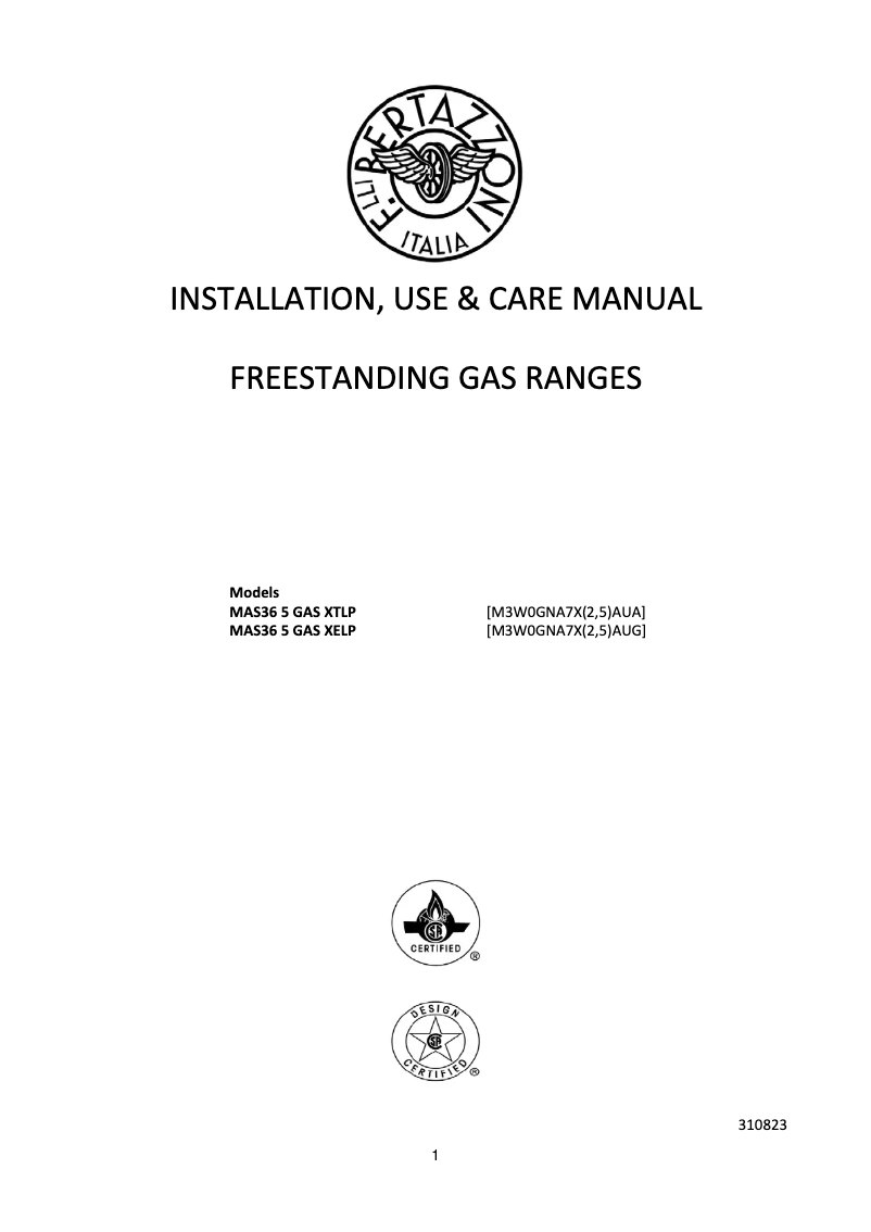 Page 1 de la notice Manuel utilisateur Bertazzoni MAS36 5 GAS XT