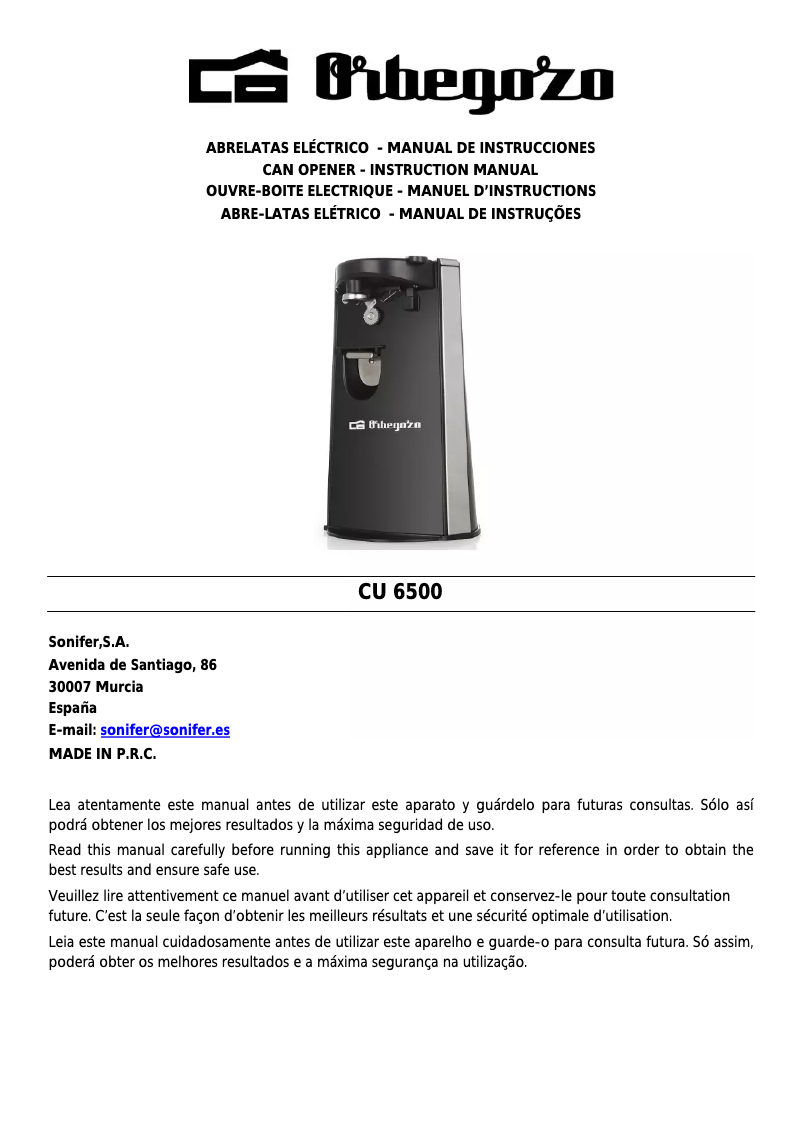 Page n°1 - Manuel utilisateur Orbegozo CU 6500