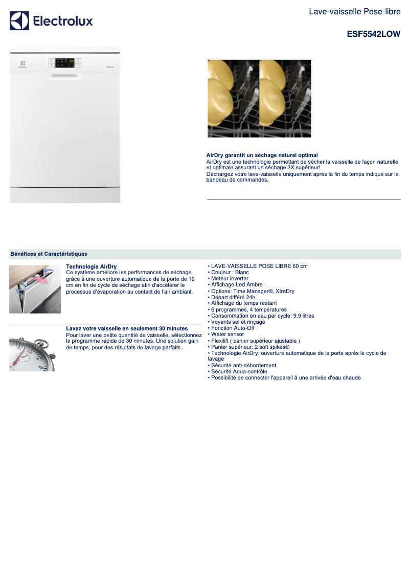 Page 1 de la notice Fiche technique Electrolux ESF5542LOW