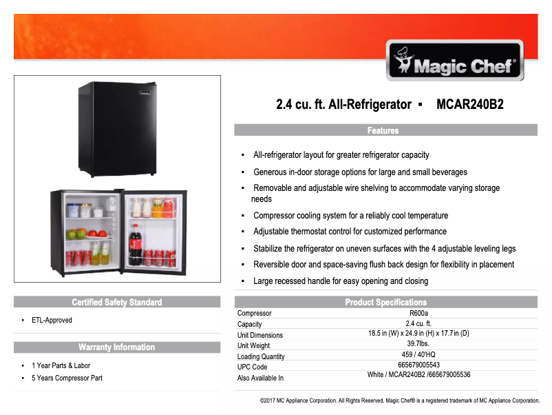 Page 1 of the manual User Manual Magic Chef MCAR240