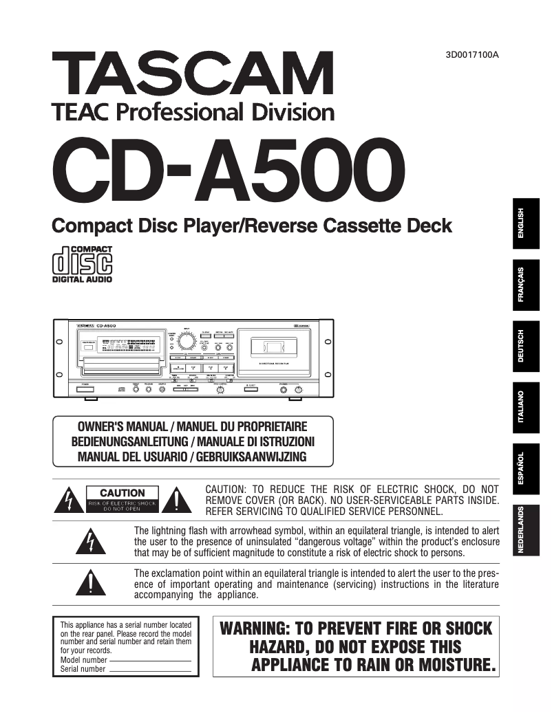 Page n°1 - Manuel utilisateur Tascam CD-A500