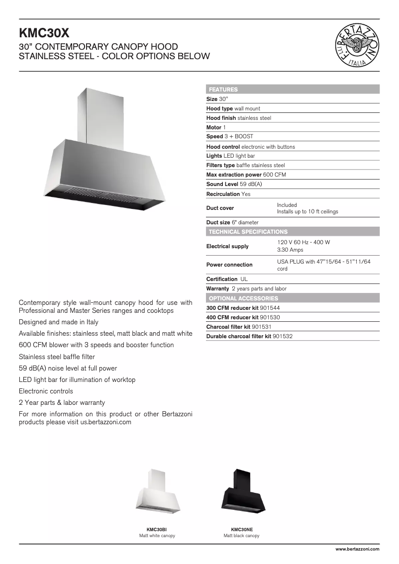 Page 1 de la notice Fiche technique Bertazzoni KMC30NE
