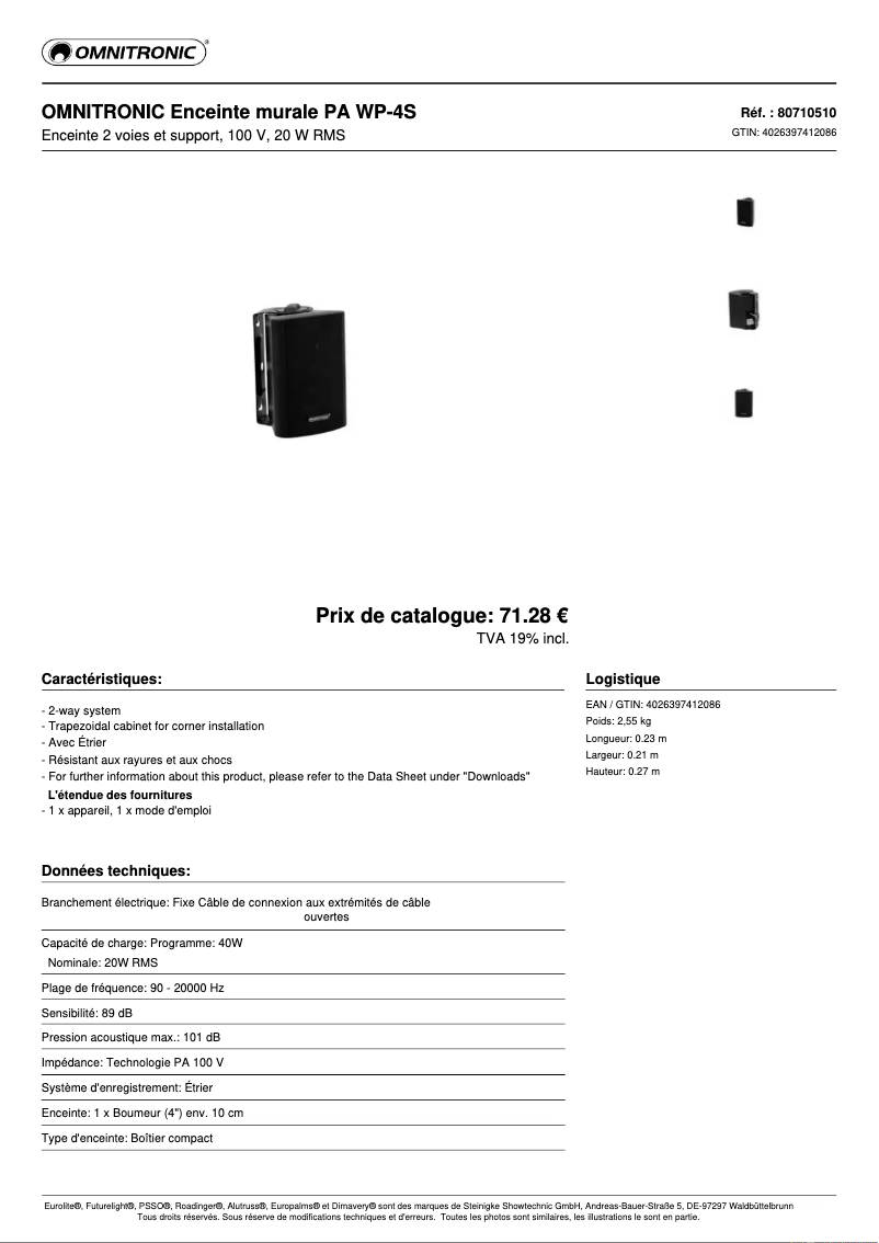 Page 1 de la notice Fiche technique Omnitronic WP-4S