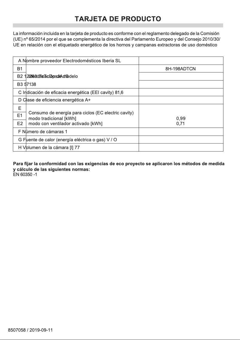 Page 1 de la notice Fiche technique Fagor 8H-198ADTCN