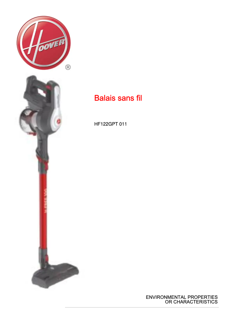 Page 1 de la notice Fiche technique Hoover H-Free 100 HF122GPT 011