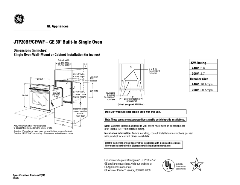 Page 1 de la notice Fiche technique GE JTP20SFSS