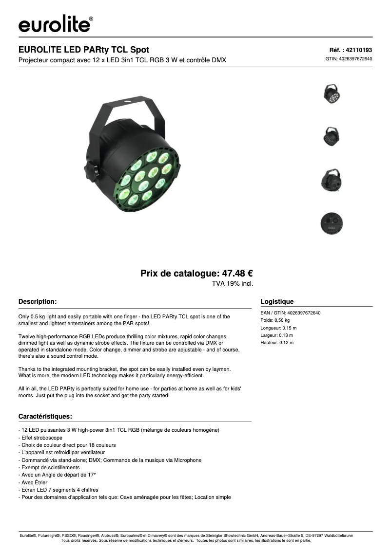 Page n°1 - Fiche technique Eurolite LED PARty TCL Spot