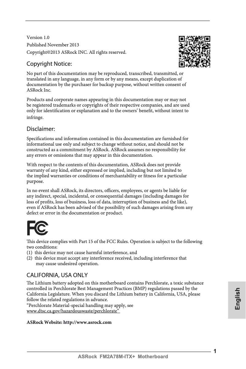 Page 1 de la notice Manuel utilisateur Asrock FM2A78M-ITX+