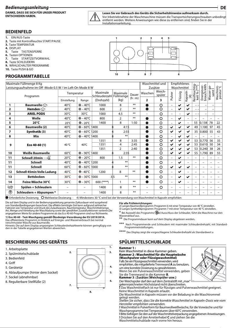 Image de la première page du manuel de l'appareil PWFV X 873 N