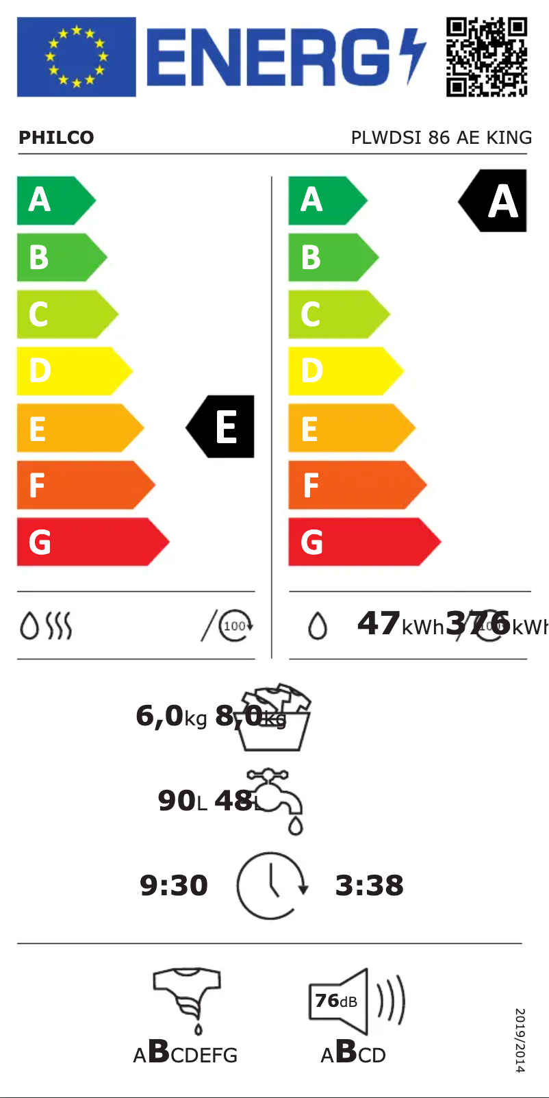 Page 1 de la notice Label énergétique Philco PLWDSI 86 AE King