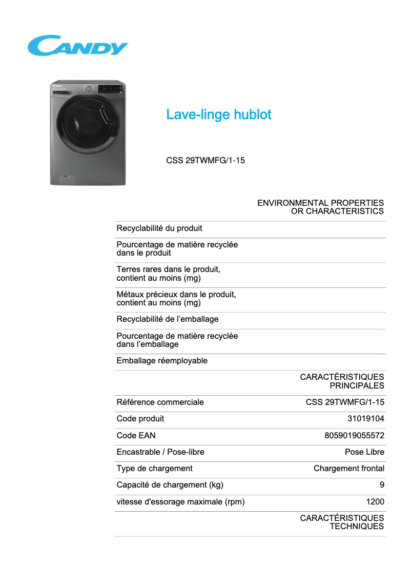 Page 1 de la notice Fiche technique Candy CSS 29TWMFG/1-15