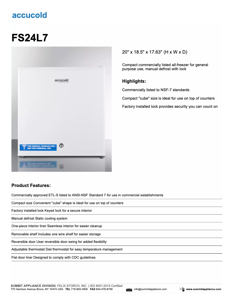 Page 1 de la notice Fiche technique Summit Accucold FS24L7