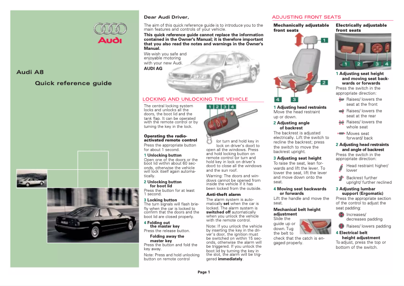 Page 1 de la notice Manuel utilisateur Audi A8 (2001)