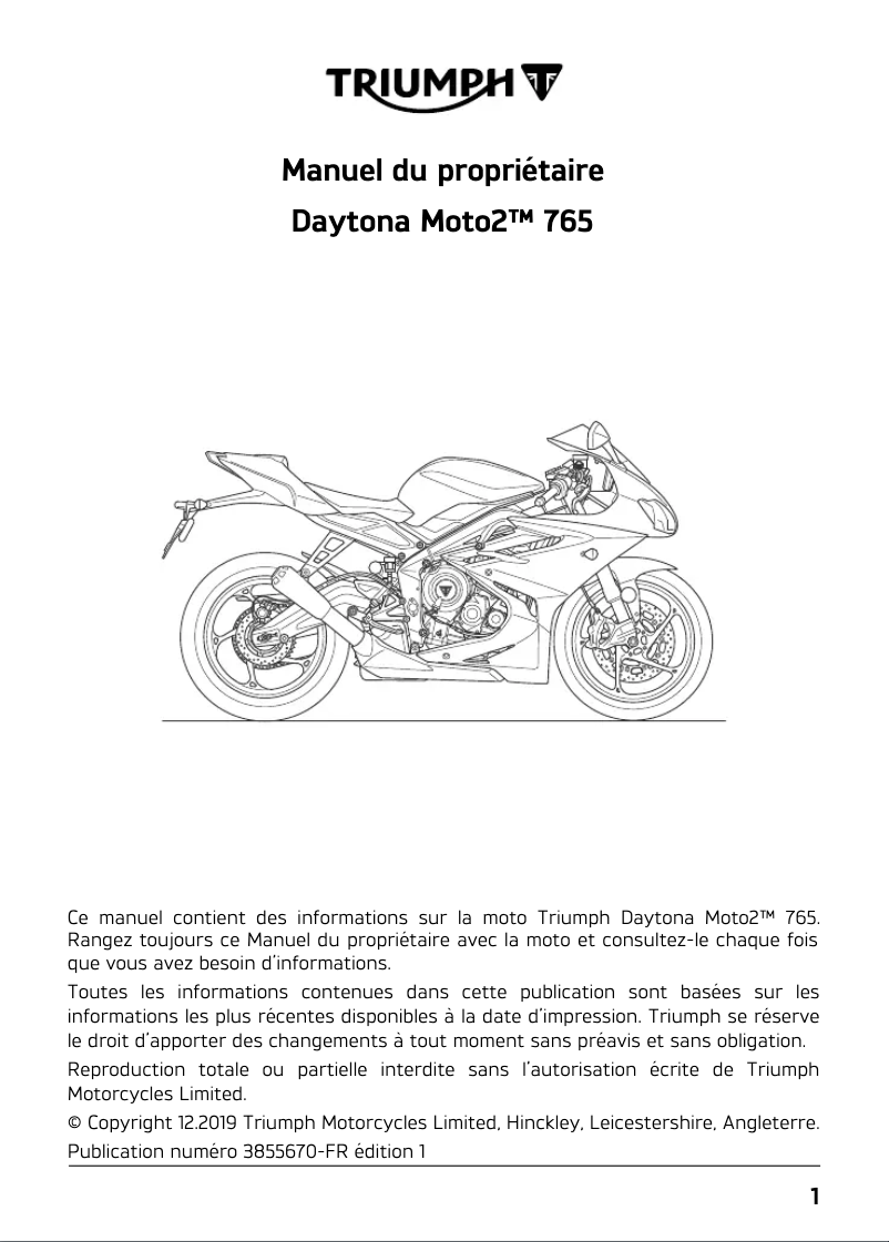Page 1 de la notice Manuel utilisateur Triumph Daytona Moto2 765 (2021)