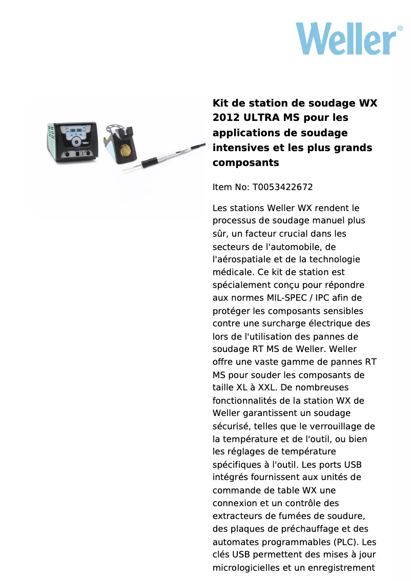 Page 1 de la notice Fiche technique Weller WX 2012