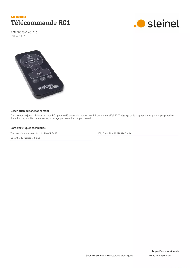 Page n°1 - Manuel utilisateur Steinel RC1