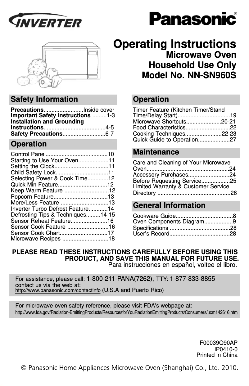 Page n°1 - Manuel utilisateur Panasonic Inverter NN-SN960