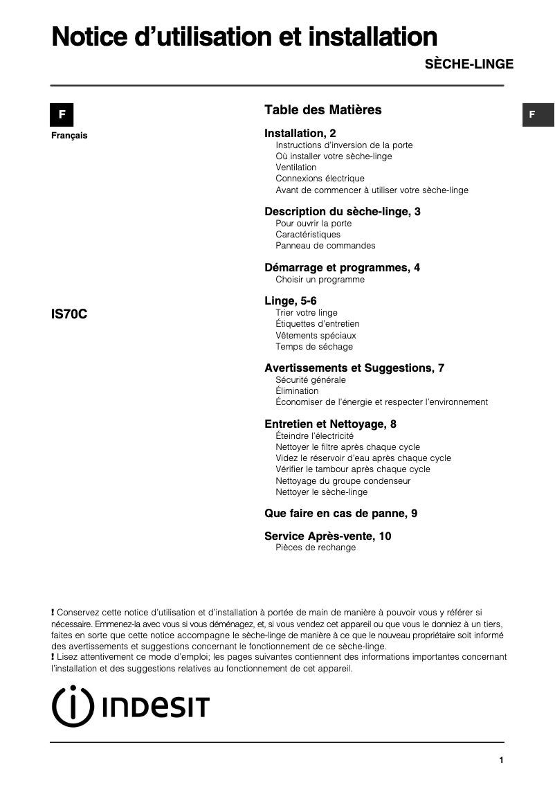 Página 1 del manual Manual de usuario Indesit IS70C (FR)