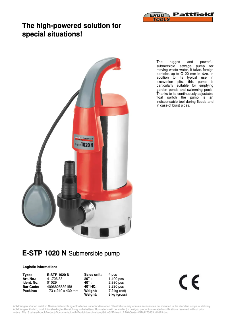 Page n°1 - Manuel utilisateur Ergotools Pattfield E-STP 1020 N