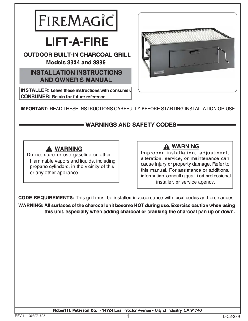 Page n°1 - Manuel utilisateur Fire Magic Lift-A-Fire 3339