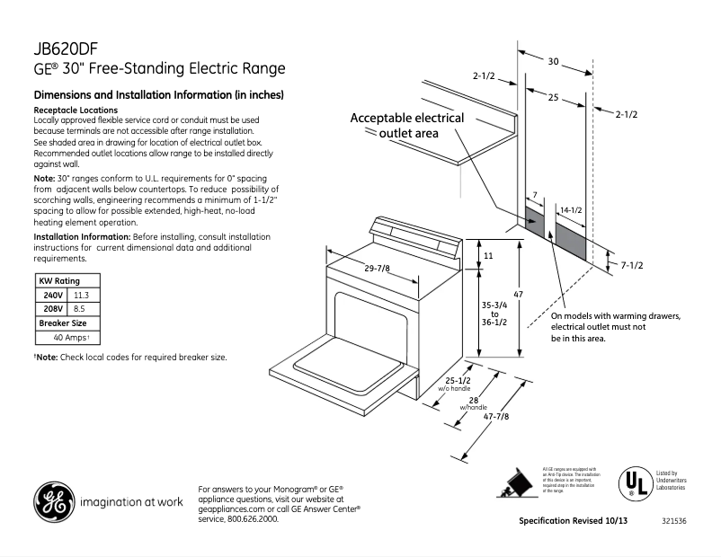 Página 1 del manual Ficha técnica GE JB620DFWW