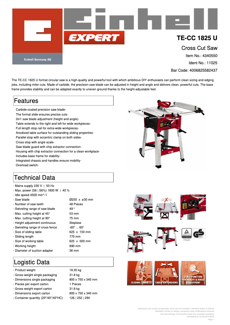 Page 1 de la notice Fiche technique Einhell TE-CC 1825 U