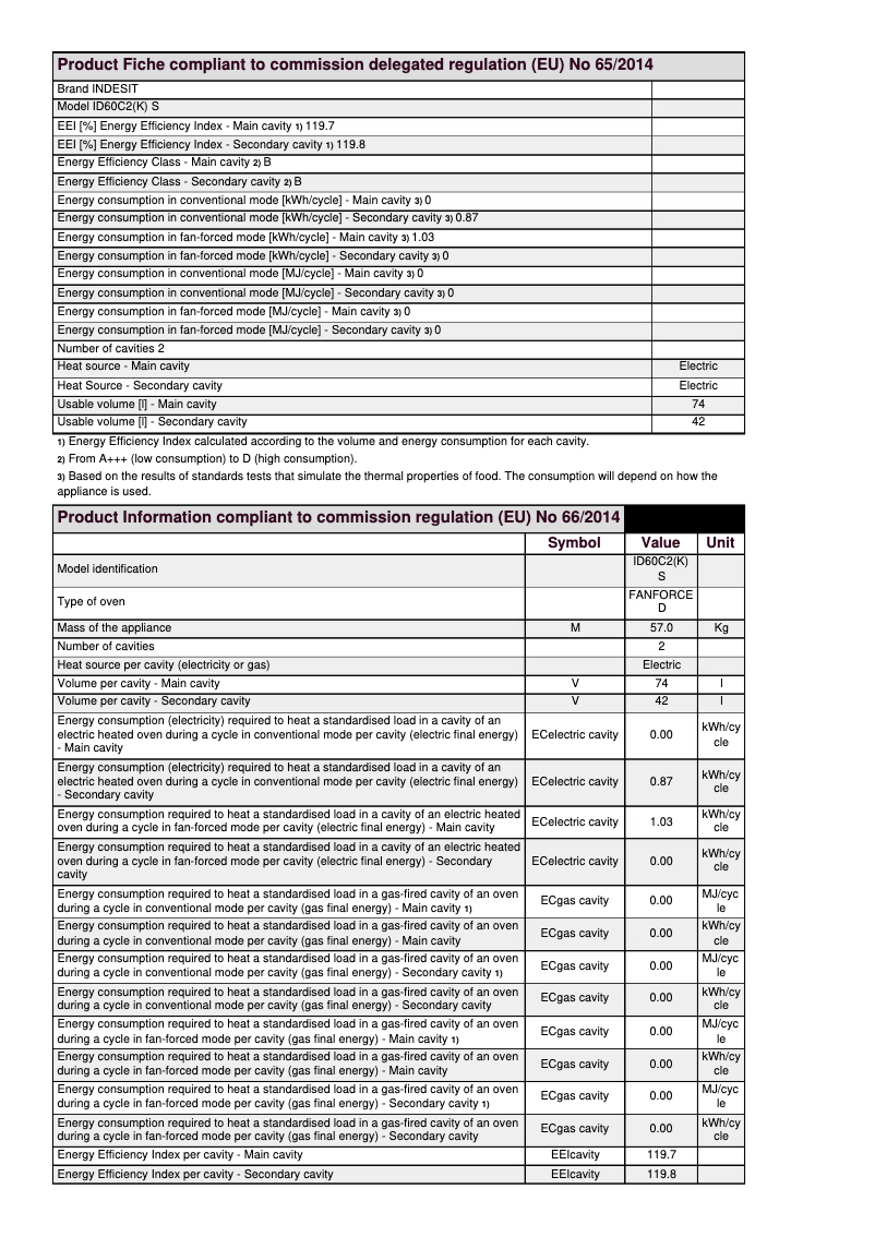 Page 1 de la notice Fiche technique Indesit ID60C2(K)S