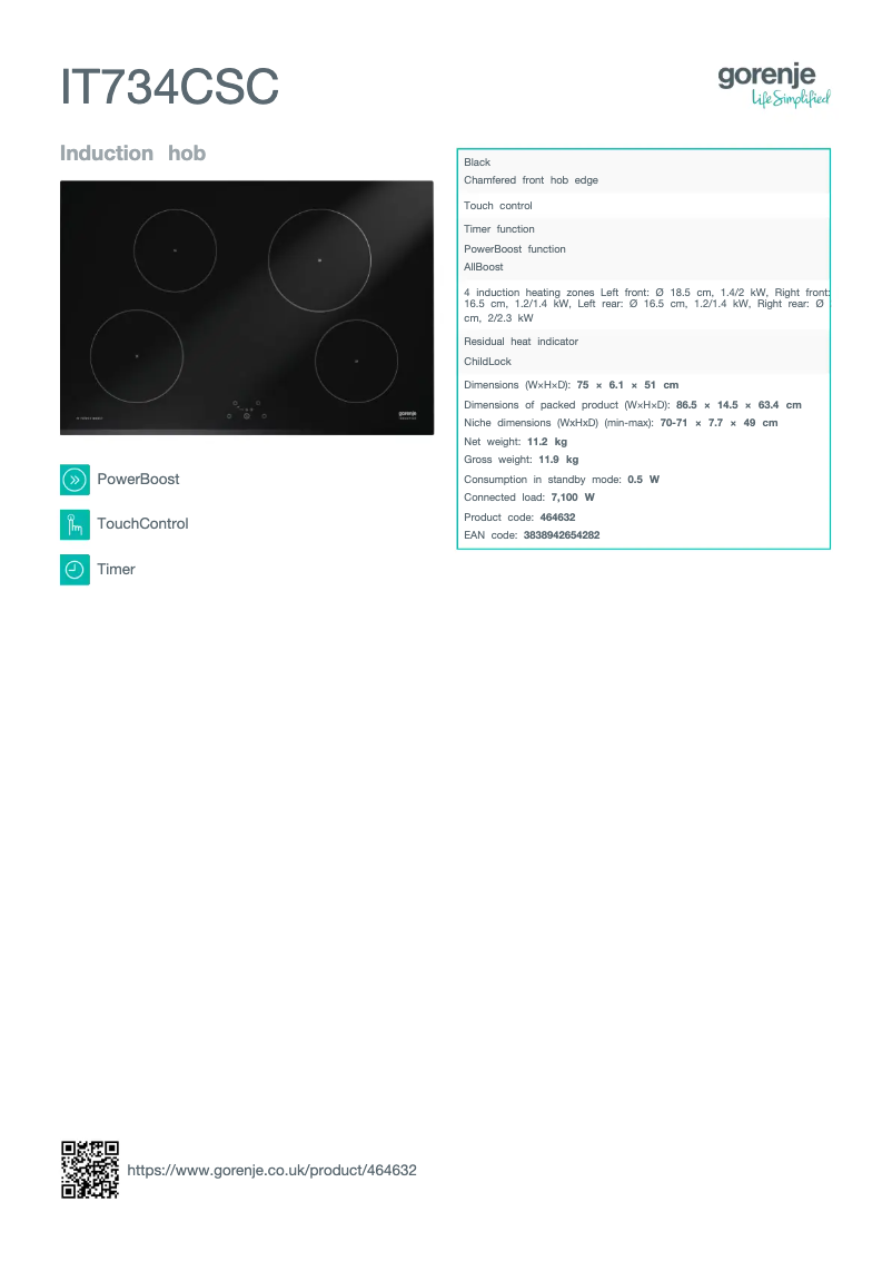 Page n°1 - Fiche technique Gorenje IT734CSC