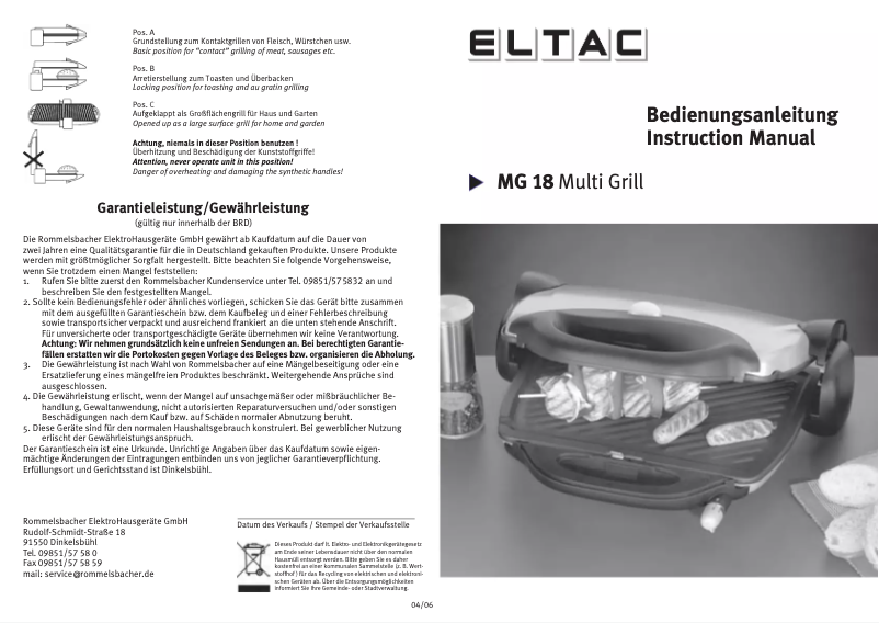 Página 1 del manual Manual de usuario Rommelsbacher ELTAC MG 18