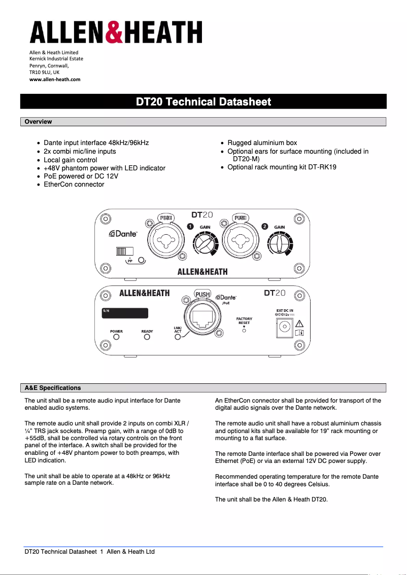 Página 1 del manual Ficha técnica Allen & Heath DT20