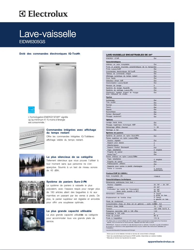 Page 1 de la notice Fiche technique Electrolux EIDW6305GB