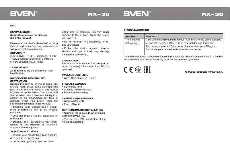 Page 1 de la notice Manuel utilisateur Sven RX-30