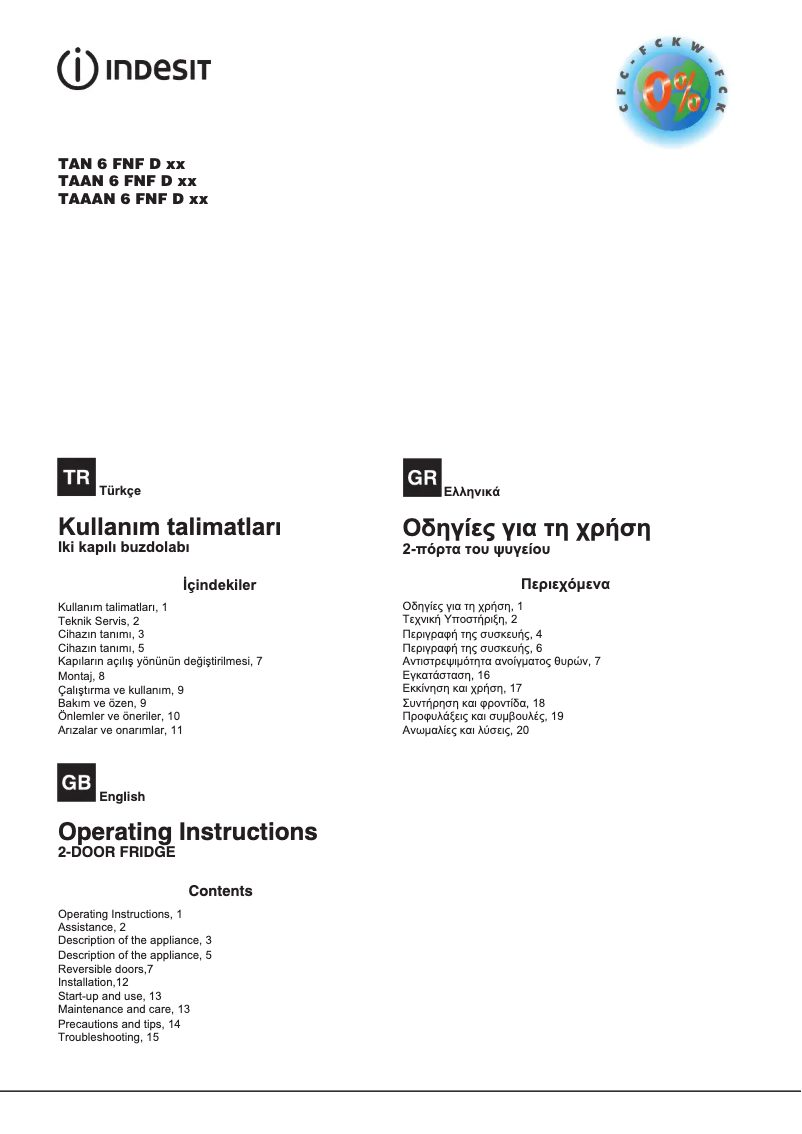 Page 1 de la notice Manuel utilisateur Indesit TAN 6 FNF DNX (TK)