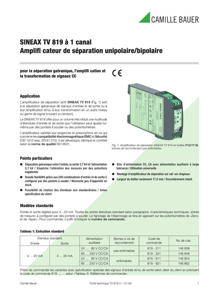 Page 1 de la notice Fiche technique Camille Bauer Sineax TV819