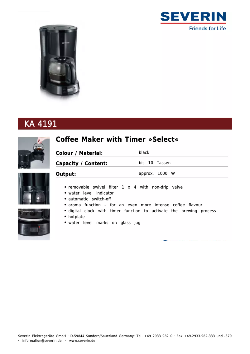 Page 1 de la notice Fiche technique Severin KA 4191