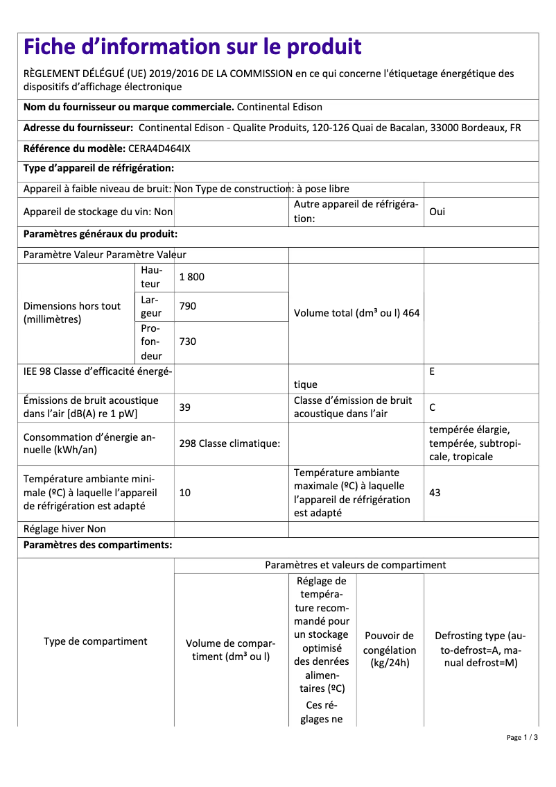 Page n°1 - Label énergétique Continental Edison CERA4D464IX