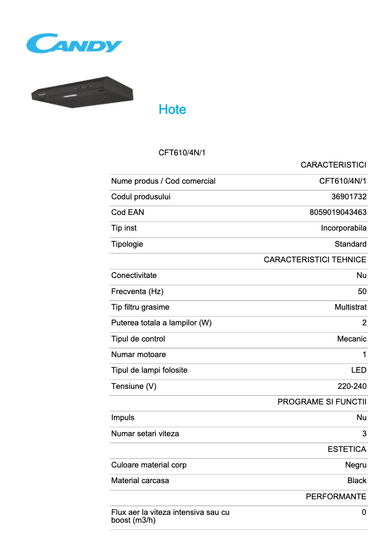 Page 1 de la notice Fiche technique Candy CFT610/4N
