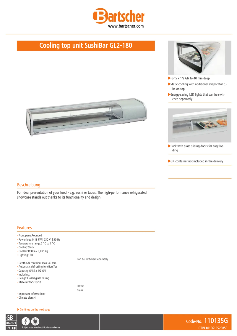 Page 1 de la notice Fiche technique Bartscher GL2-180