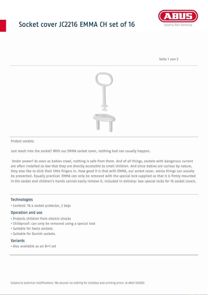 Page 1 de la notice Fiche technique Abus JC2216 EMMA