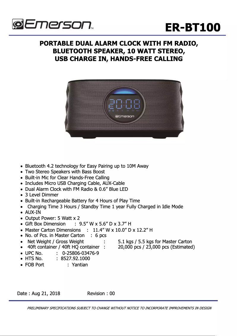 Page n°1 - Fiche technique Emerson ER-BT100