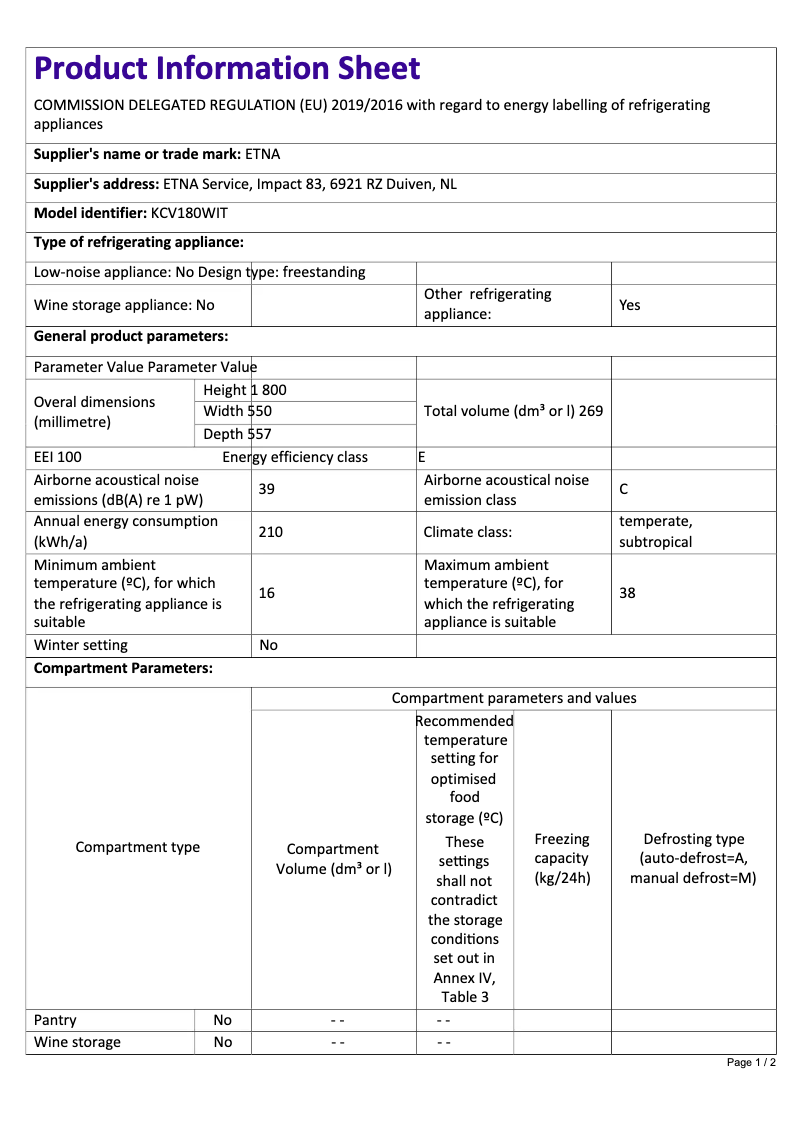 Página 1 del manual Ficha técnica Etna KCV180WIT