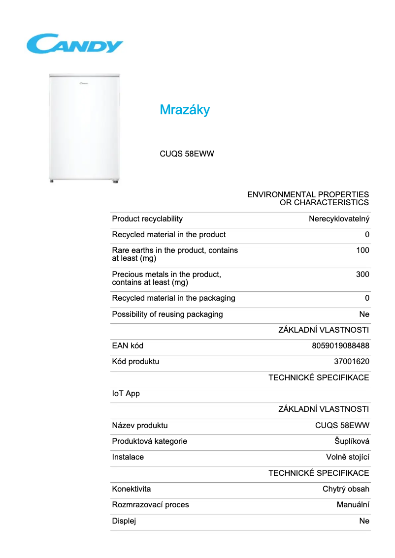 Page 1 de la notice Fiche technique Candy CUQS 58EWW