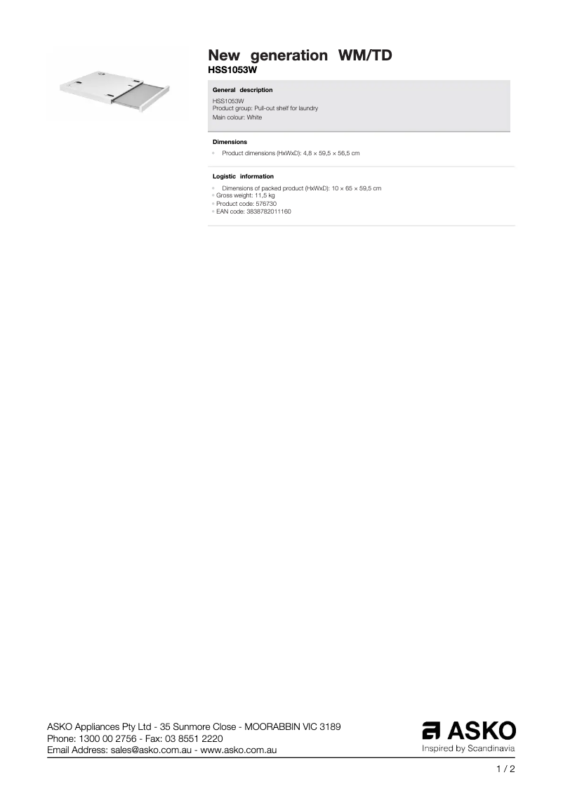 Page 1 de la notice Fiche technique Asko HSS1053W